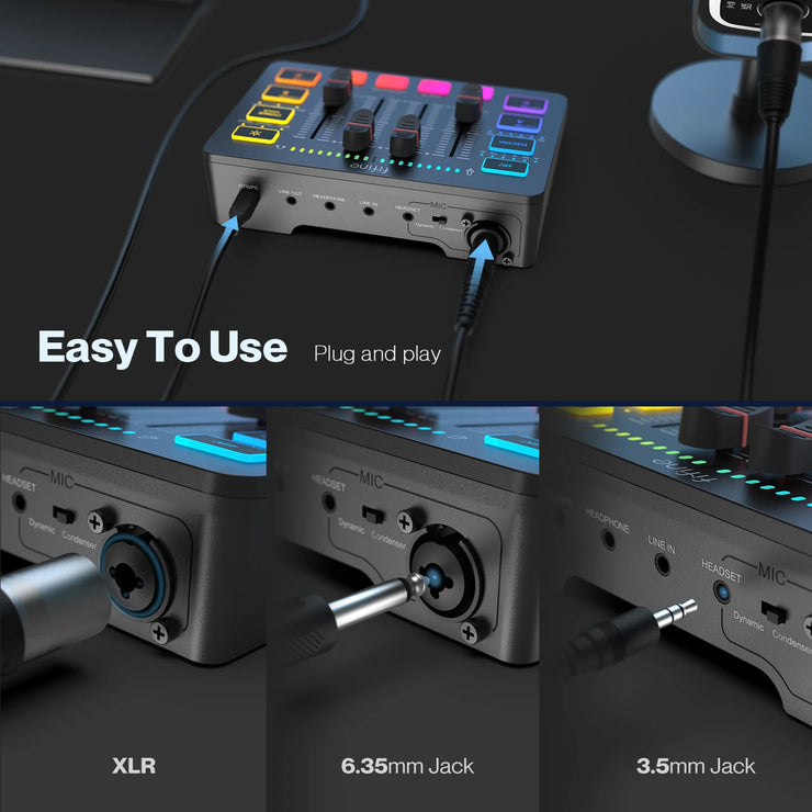 USB Gaming Mixer with XLR Microphone Interface,48V Phantom Power,Rgb, Sound Card for Podcasting Streaming Ampligame SC3