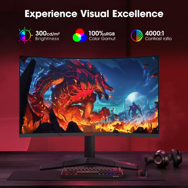 27 Inch 2K QHD Gaming Monitor, 180Hz Curved Computer Monitor, 1Ms Adaptive-Sync, Hdmi/Displayport, 27E6QCA