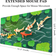 Cute Koi Fishes Desk Mat Large Gaming Mouse Pad XL Extended Mousepad Green Laptop Keyboard Mouse Mat Japanese Desk Pad 31.5''X15.7'' Non-Slip Rubber Base with Stitched Edges