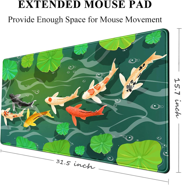 Cute Koi Fishes Desk Mat Large Gaming Mouse Pad XL Extended Mousepad Green Laptop Keyboard Mouse Mat Japanese Desk Pad 31.5''X15.7'' Non-Slip Rubber Base with Stitched Edges