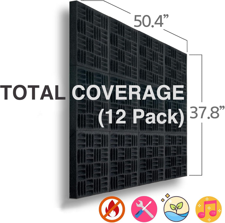 12 Pack Sound Proof Foam Panels for Walls, 12.6X12.6X2 Inches Grid Style Acoustic Panels for Home Studio Acoustic Treatment (Black)