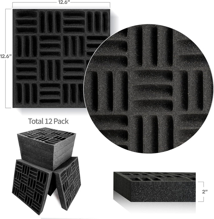 12 Pack Sound Proof Foam Panels for Walls, 12.6X12.6X2 Inches Grid Style Acoustic Panels for Home Studio Acoustic Treatment (Black)