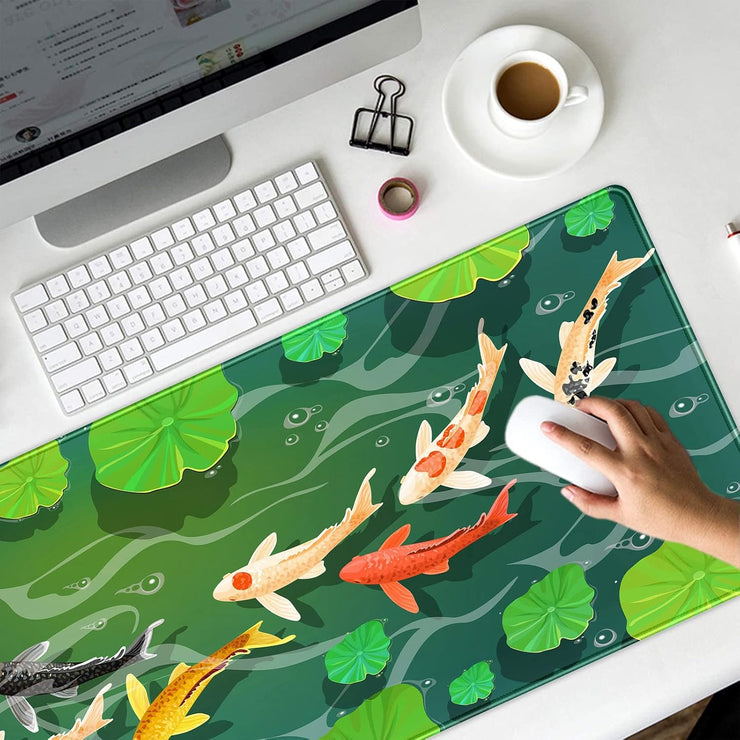 Cute Koi Fishes Desk Mat Large Gaming Mouse Pad XL Extended Mousepad Green Laptop Keyboard Mouse Mat Japanese Desk Pad 31.5''X15.7'' Non-Slip Rubber Base with Stitched Edges