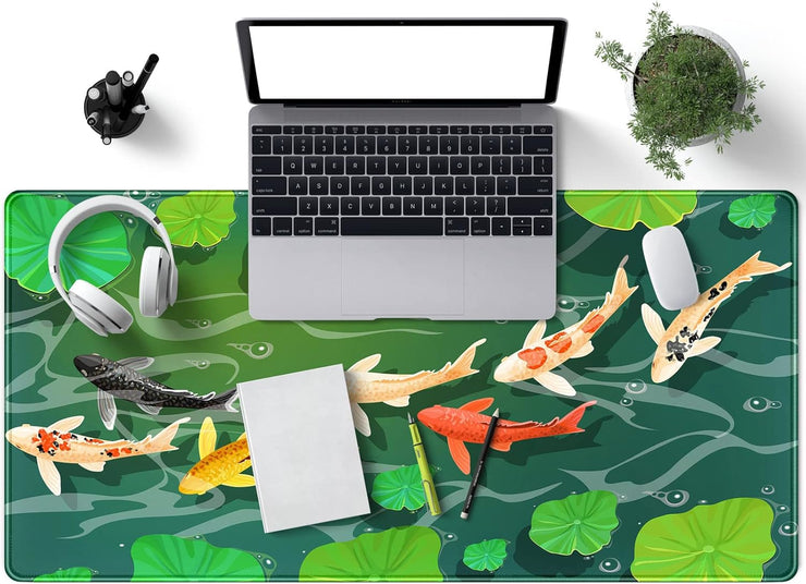 Cute Koi Fishes Desk Mat Large Gaming Mouse Pad XL Extended Mousepad Green Laptop Keyboard Mouse Mat Japanese Desk Pad 31.5''X15.7'' Non-Slip Rubber Base with Stitched Edges