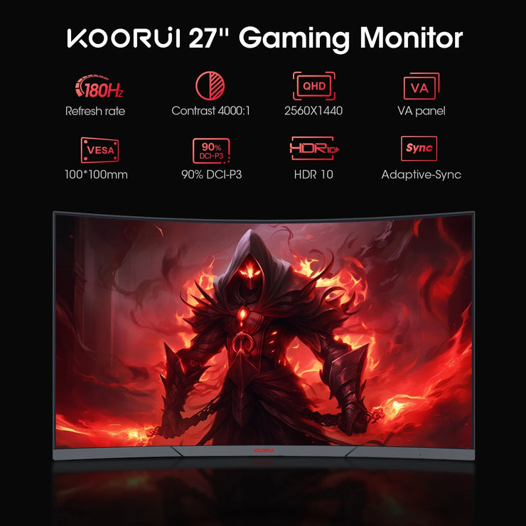 27 Inch 2K QHD Gaming Monitor, 180Hz Curved Computer Monitor, 1Ms Adaptive-Sync, Hdmi/Displayport, 27E6QCA