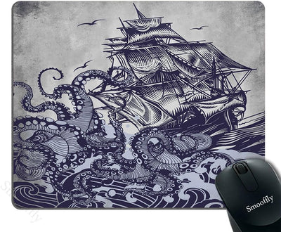 Mouse Pad Personalized Octopus,Customized Rectangle Non-Slip Rubber,Sail Boat Waves and Octopus Old Look Gaming Mouse Pad