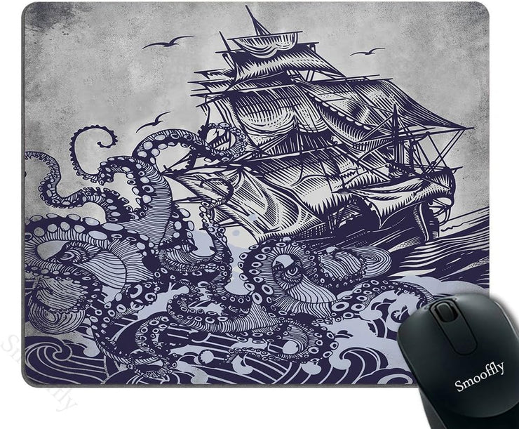 Mouse Pad Personalized Octopus,Customized Rectangle Non-Slip Rubber,Sail Boat Waves and Octopus Old Look Gaming Mouse Pad