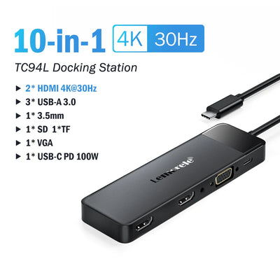 USB-C Hub 10Ports Docking Station USB Type C to Dual HDMI 4K 30Hz VGA USB 3.0 Adapter PD100W SD Card Reader for Macbook