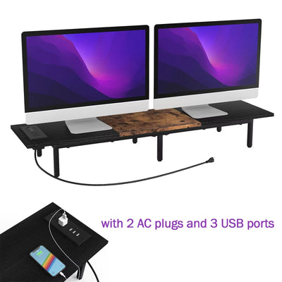 Monitor Stand for 2 Monitors Long Monitor Riser with USB Ports Wood Desktop Computer Riser Monitor Shelf Holder Stand