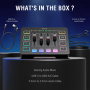 USB Gaming Mixer with XLR Microphone Interface,48V Phantom Power,Rgb, Sound Card for Podcasting Streaming Ampligame SC3