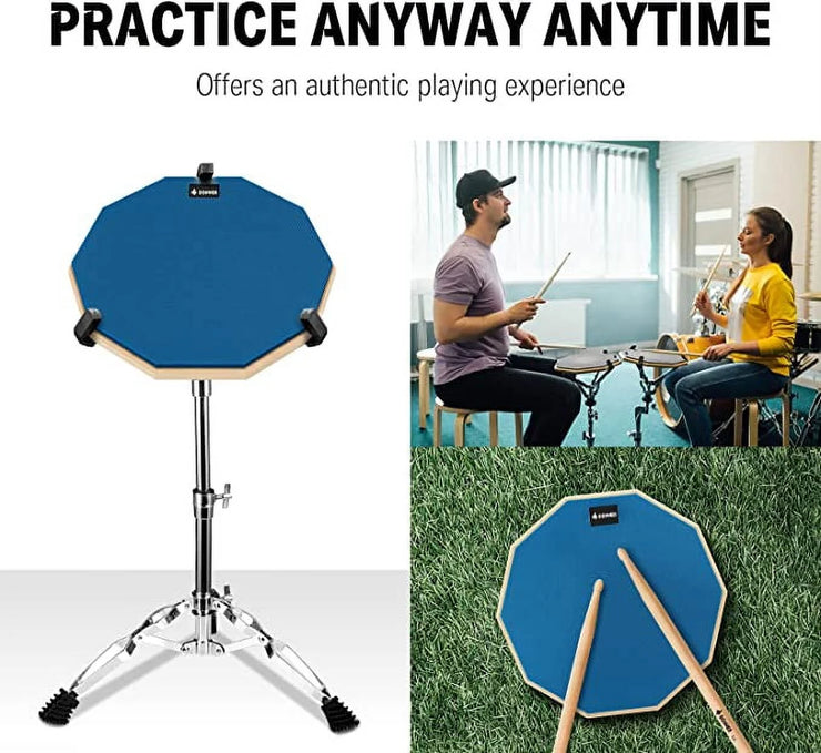 Drum Practice Pad, 12 Inch Double Sided Silent Drum Pad with Drumsticks, Blue