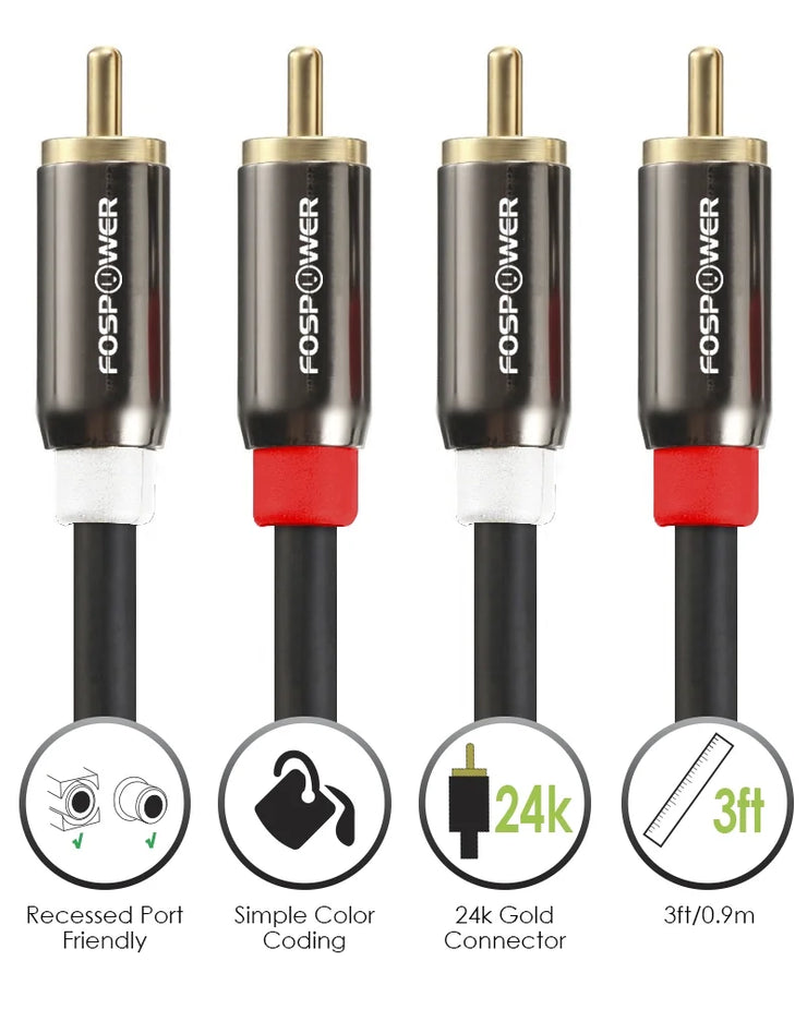 (3 Feet) 2 RCA M/M Stereo Audio Cable [24K Gold Plated | Copper Core] 2RCA Male to 2RCA Male [Left/Right] Premium Sound Quality Plug