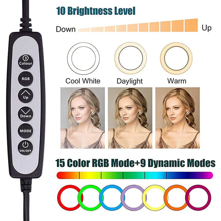 10" RGB Ring Light with 63" Tripod Stand and Cellphone Holder Dimmable