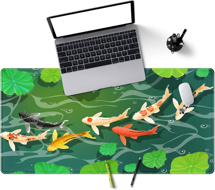 Cute Koi Fishes Desk Mat Large Gaming Mouse Pad XL Extended Mousepad Green Laptop Keyboard Mouse Mat Japanese Desk Pad 31.5''X15.7'' Non-Slip Rubber Base with Stitched Edges