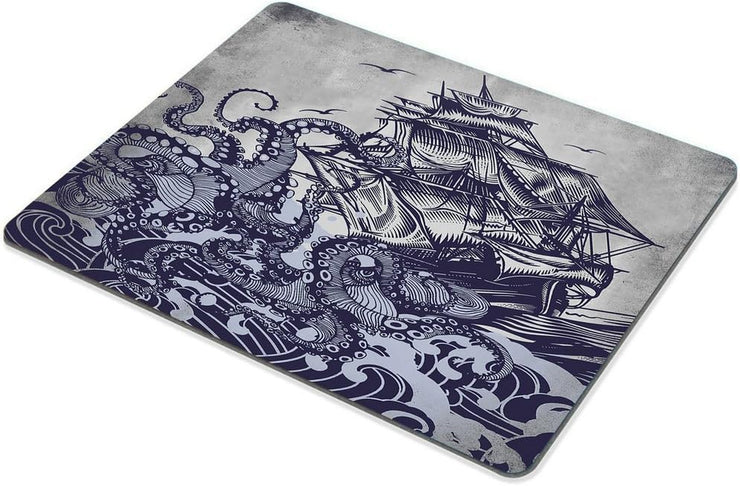 Mouse Pad Personalized Octopus,Customized Rectangle Non-Slip Rubber,Sail Boat Waves and Octopus Old Look Gaming Mouse Pad