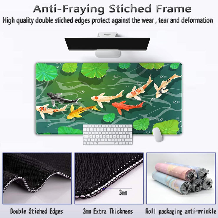 Cute Koi Fishes Desk Mat Large Gaming Mouse Pad XL Extended Mousepad Green Laptop Keyboard Mouse Mat Japanese Desk Pad 31.5''X15.7'' Non-Slip Rubber Base with Stitched Edges