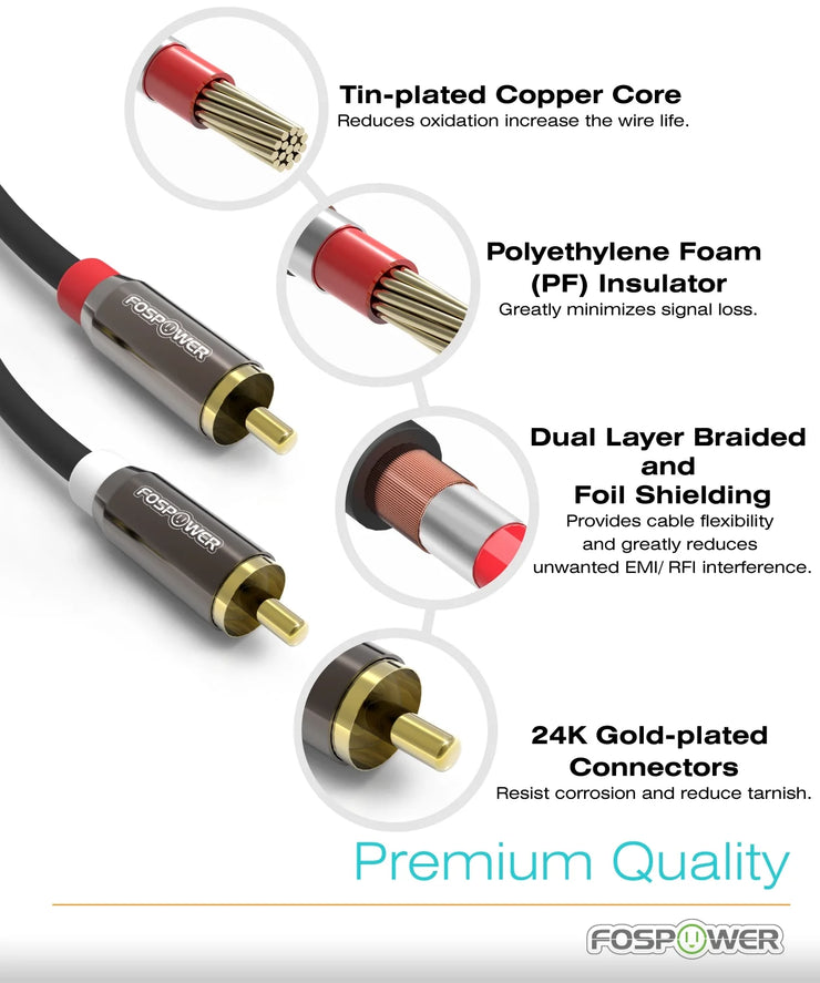 (3 Feet) 2 RCA M/M Stereo Audio Cable [24K Gold Plated | Copper Core] 2RCA Male to 2RCA Male [Left/Right] Premium Sound Quality Plug