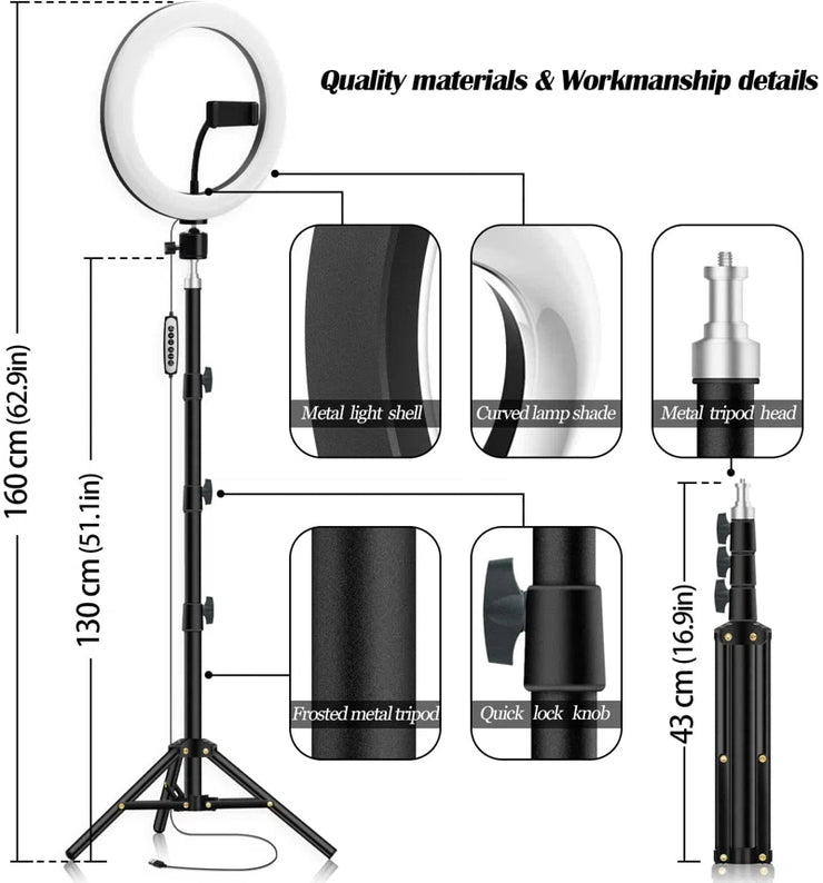 10" RGB Ring Light with 63" Tripod Stand and Cellphone Holder Dimmable