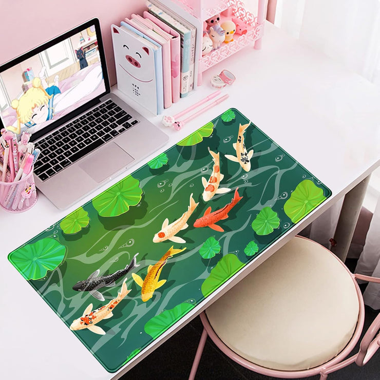 Cute Koi Fishes Desk Mat Large Gaming Mouse Pad XL Extended Mousepad Green Laptop Keyboard Mouse Mat Japanese Desk Pad 31.5''X15.7'' Non-Slip Rubber Base with Stitched Edges