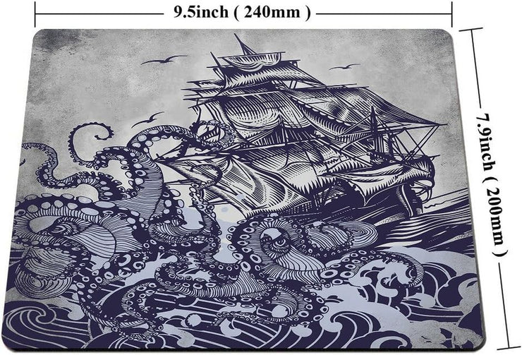 Mouse Pad Personalized Octopus,Customized Rectangle Non-Slip Rubber,Sail Boat Waves and Octopus Old Look Gaming Mouse Pad
